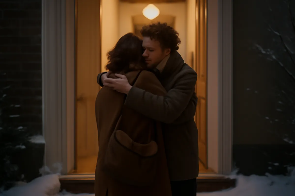 Two people embracing in a doorway in winter coats, warm hall light behind them