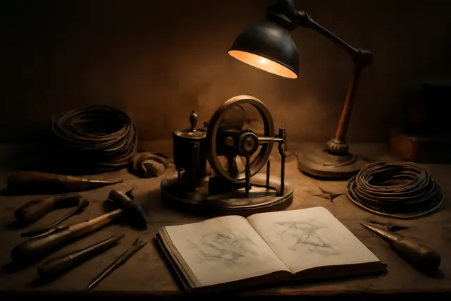Cluttered workbench with a half-built device, hand tools, wire and an open sketch notebook
