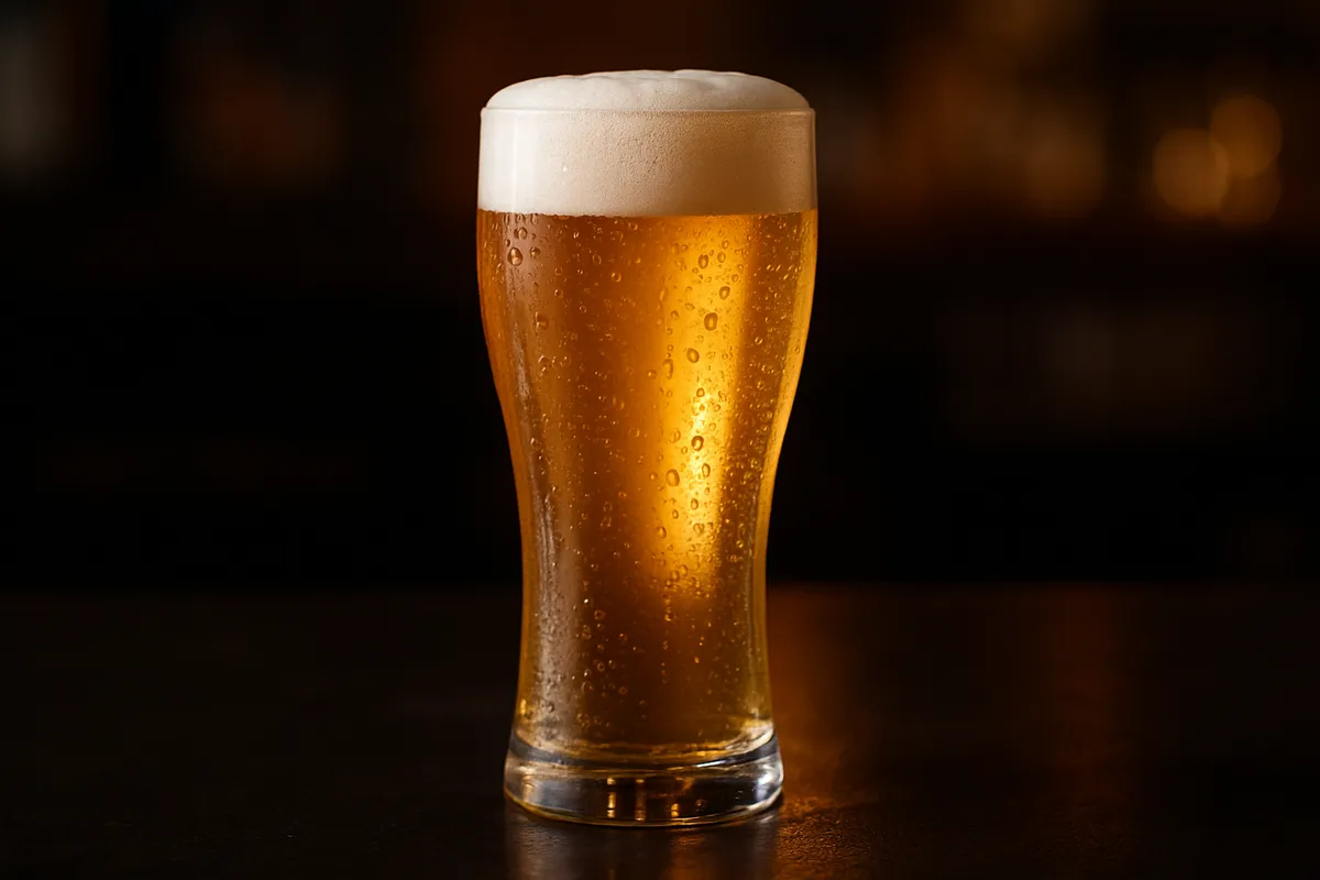 Tall pilsner glass of pale golden lager with a white head on a dark bar top