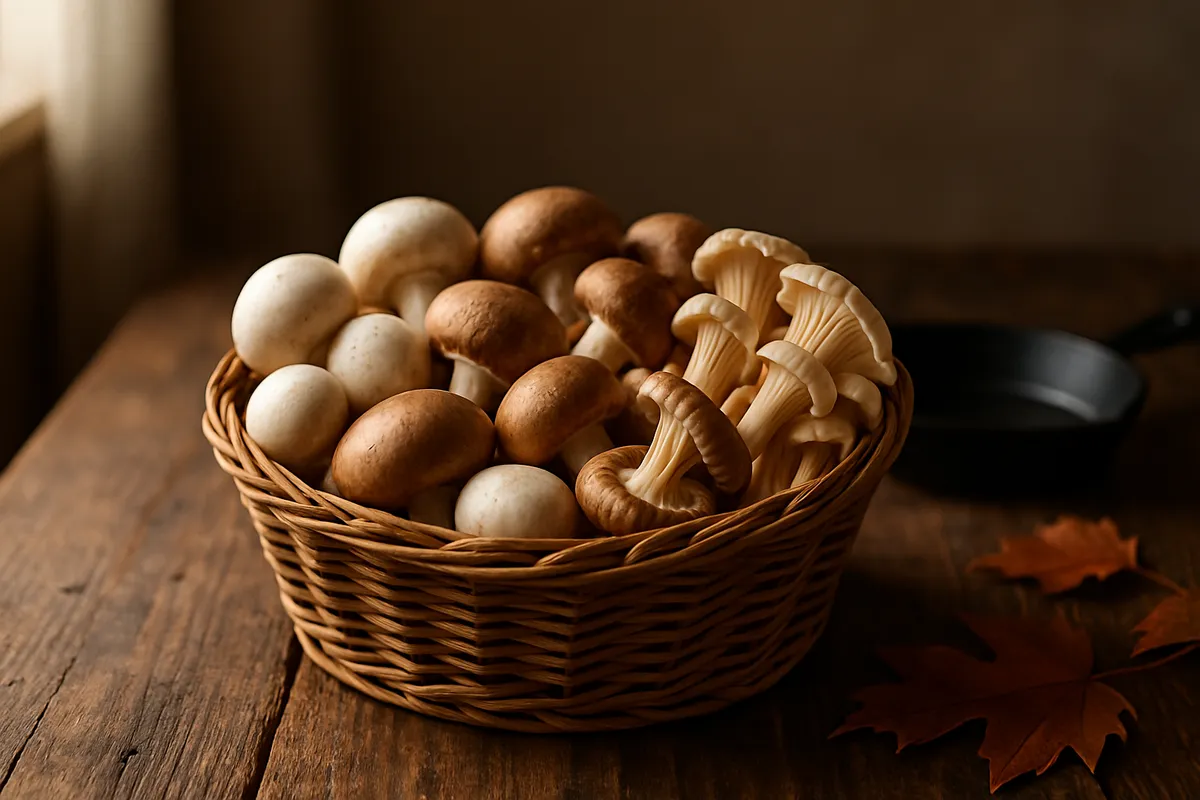 A wicker basket of assorted fresh mushrooms on a wooden table beside a small cast-iron pan