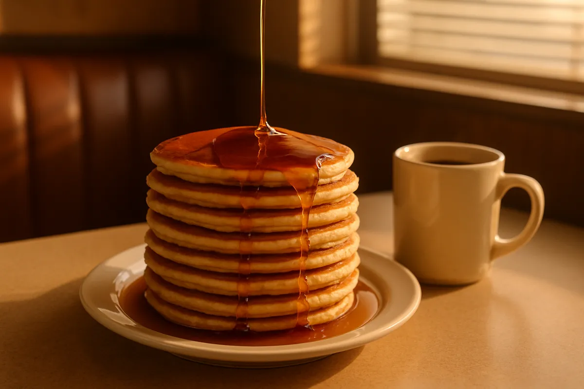 Tall stack of pancakes with syrup pouring over the top on a diner table beside coffee