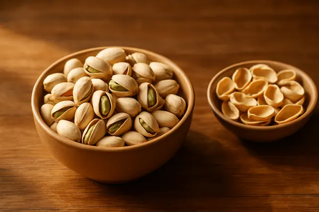 Bowl of split-shell pistachios beside a dish of empty shells with green kernels visible