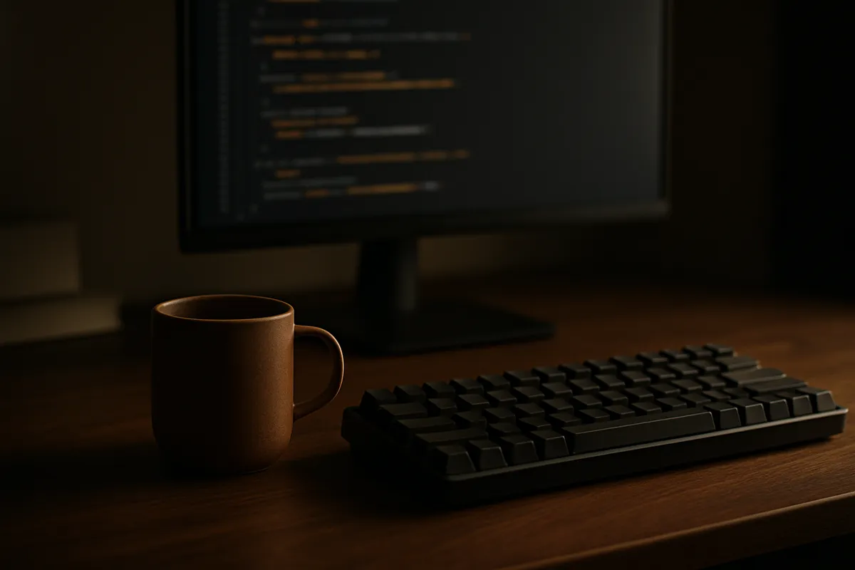 Darkened desk lit by a monitor with indistinct code, a coffee cup and a keyboard