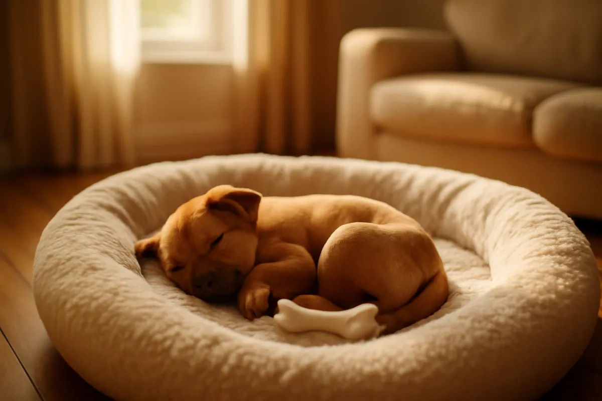 Sleeping puppy curled in a soft bed in a sunlit living room with a chew toy beside it