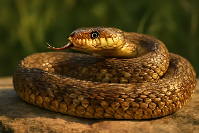 Coiled snake on a sun-warmed rock with detailed gold and brown scales and tongue extended