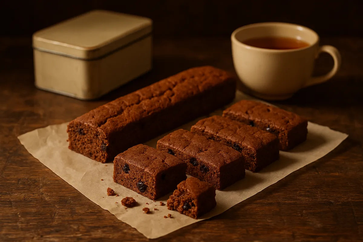 Dark spiced cookie bars on parchment with raisins visible, one broken showing a soft interior