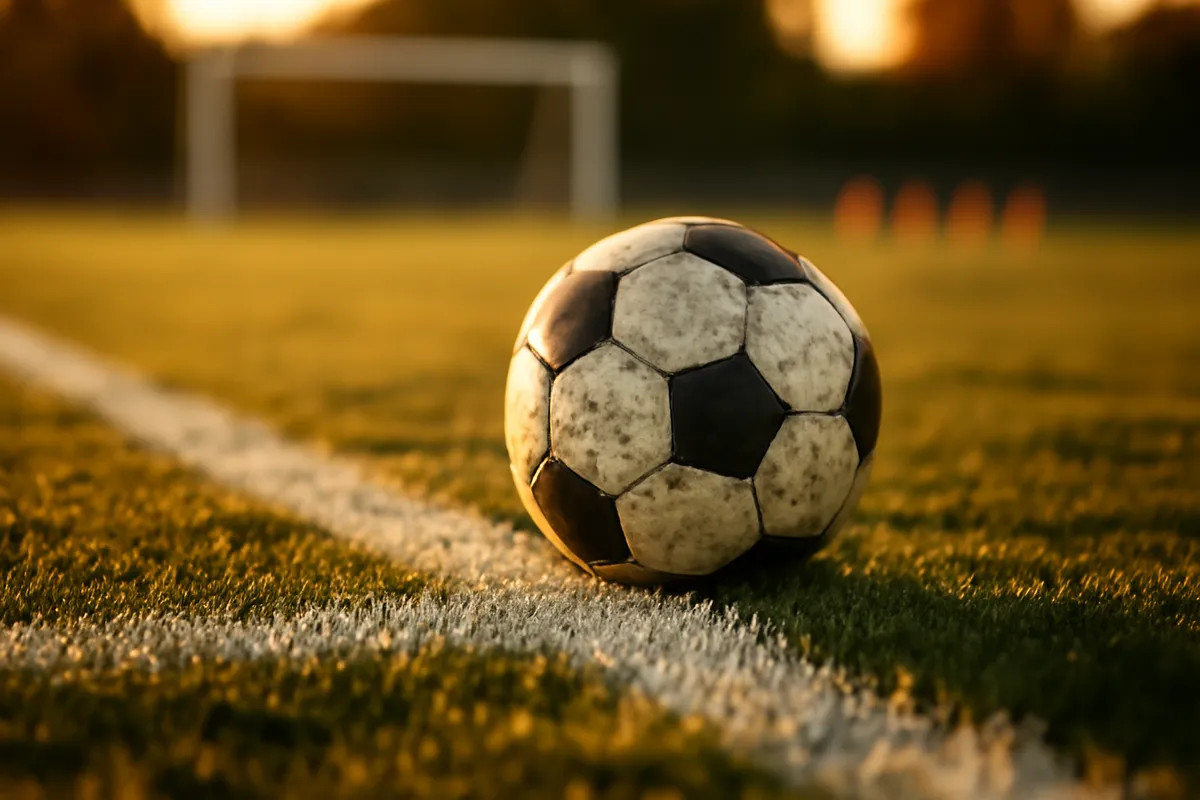 A soccer ball on a lined grass field at golden hour with goal posts and cones in the background