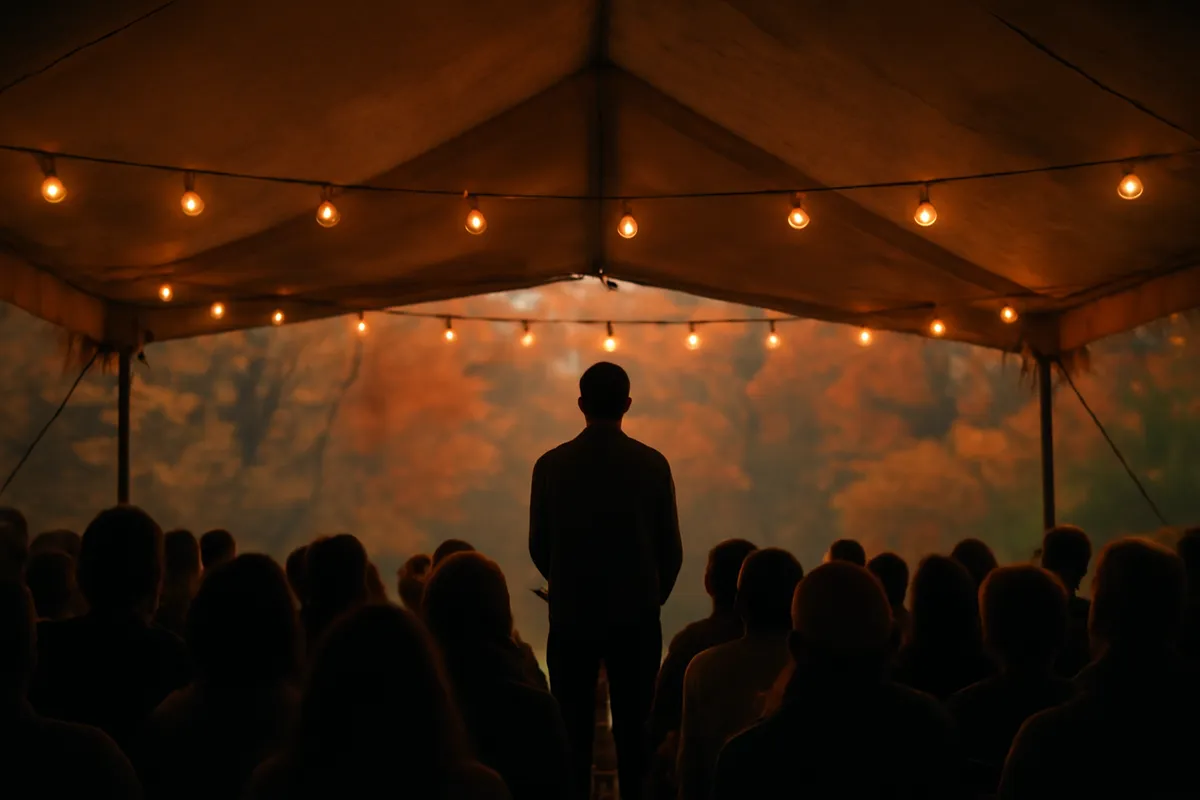 Audience in an open-sided tent at dusk listening to a lone storyteller under string lights