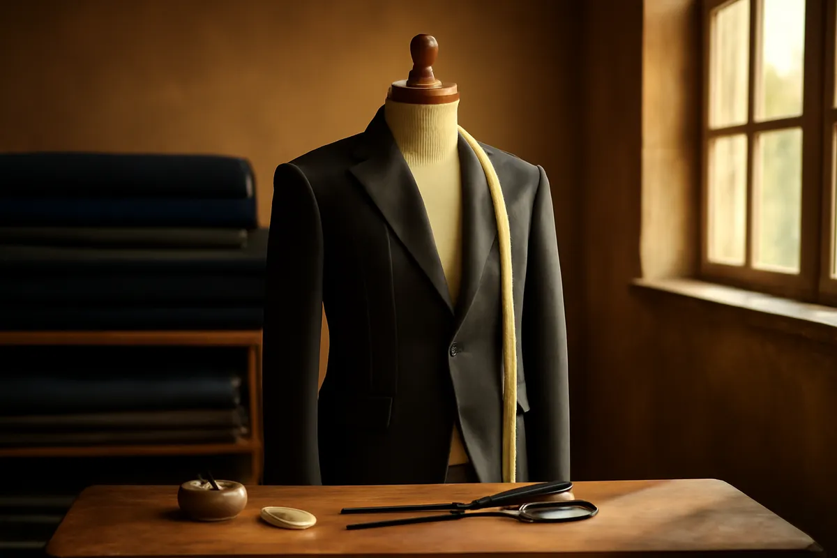 Tailor's workbench with a half-finished jacket on a dress form, shears, chalk and pins