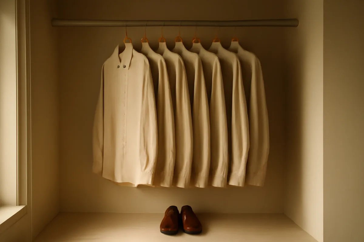 Row of identical shirts on a wardrobe rail with a single pair of shoes below