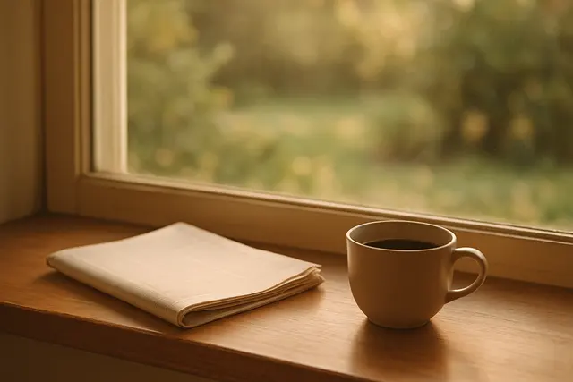 Folded newspaper left unopened on a windowsill beside a cup of coffee