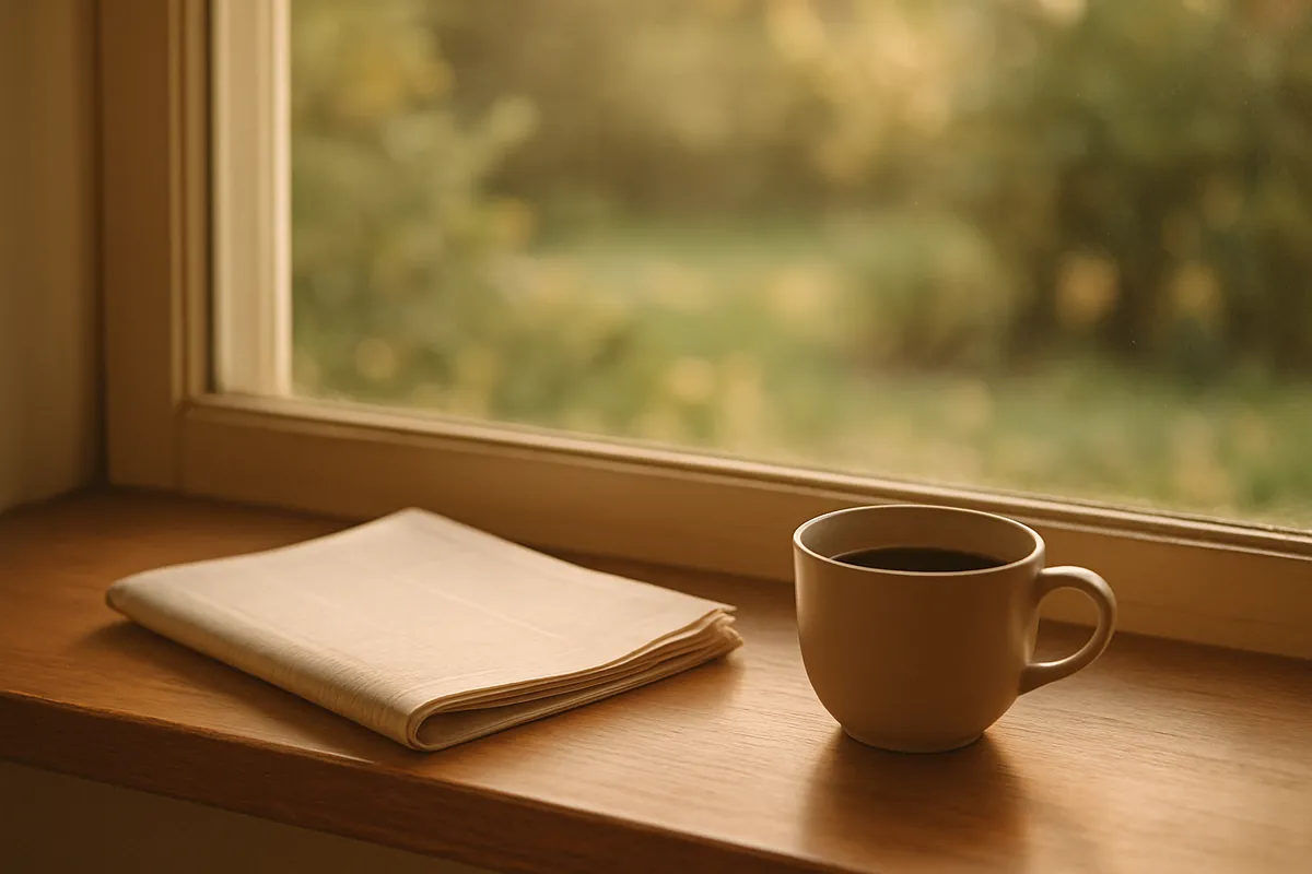 Folded newspaper left unopened on a windowsill beside a cup of coffee