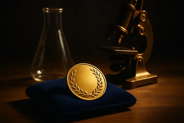 A gold medal on blue velvet beside a laboratory flask and a vintage microscope