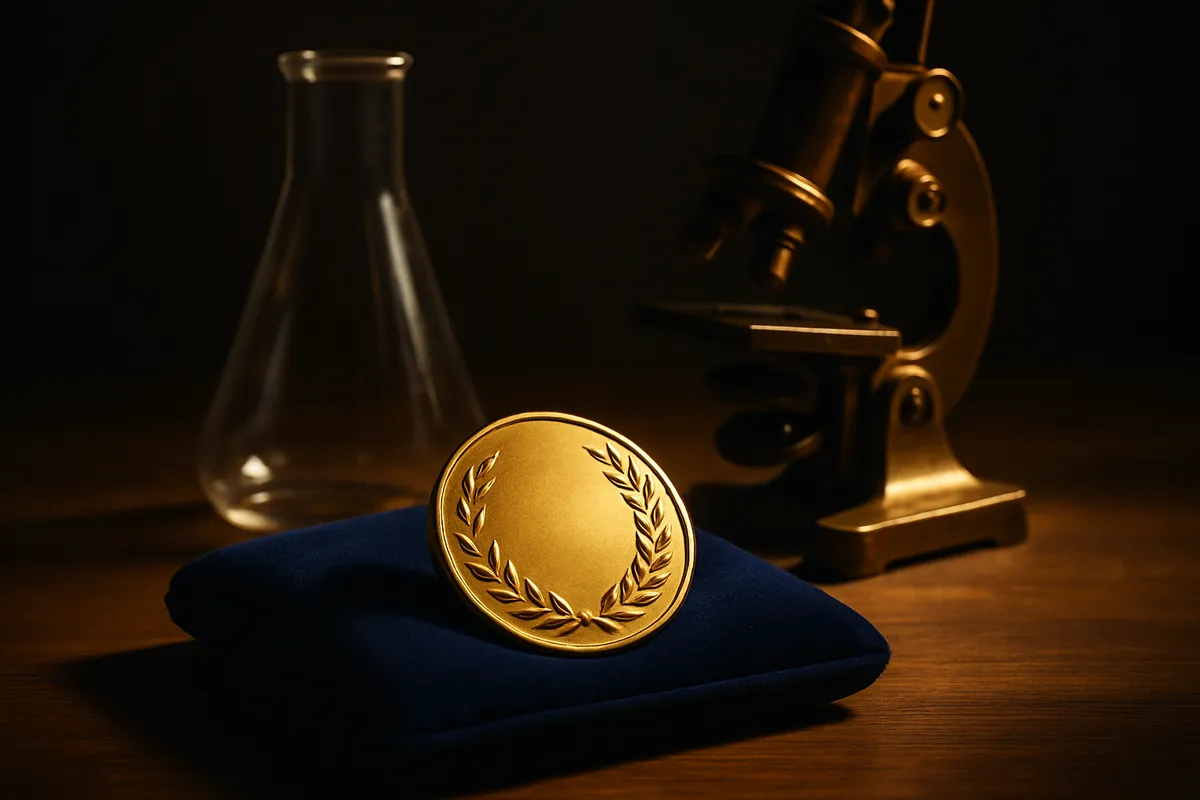 A gold medal on blue velvet beside a laboratory flask and a vintage microscope