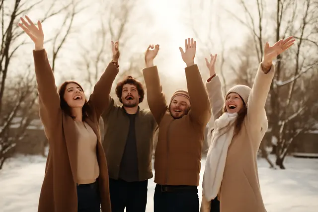 Small group in a snowy backyard at midday with arms raised and breath visible in cold air