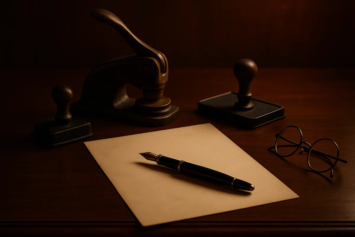 Desk with a document, fountain pen, embossing seal and ink stamp under warm lamplight