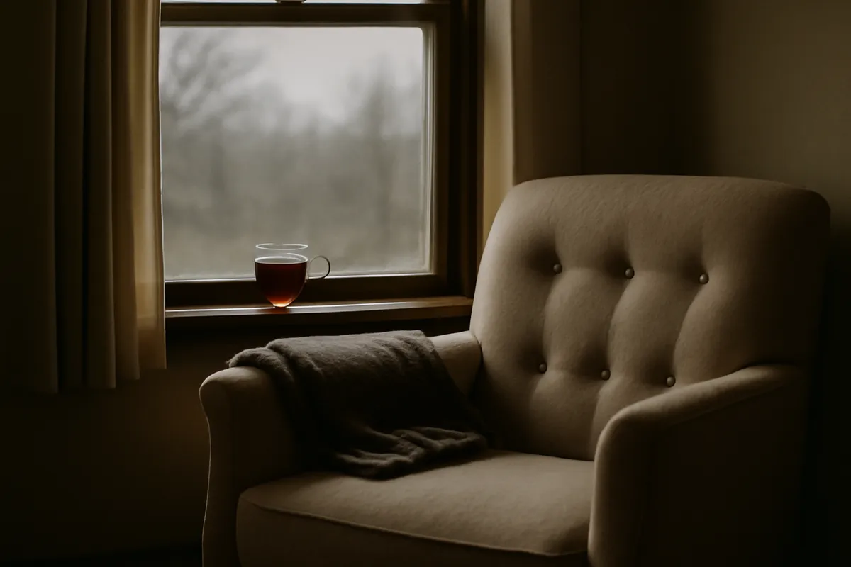 Empty armchair by a window with a folded blanket and a cup of tea on the sill