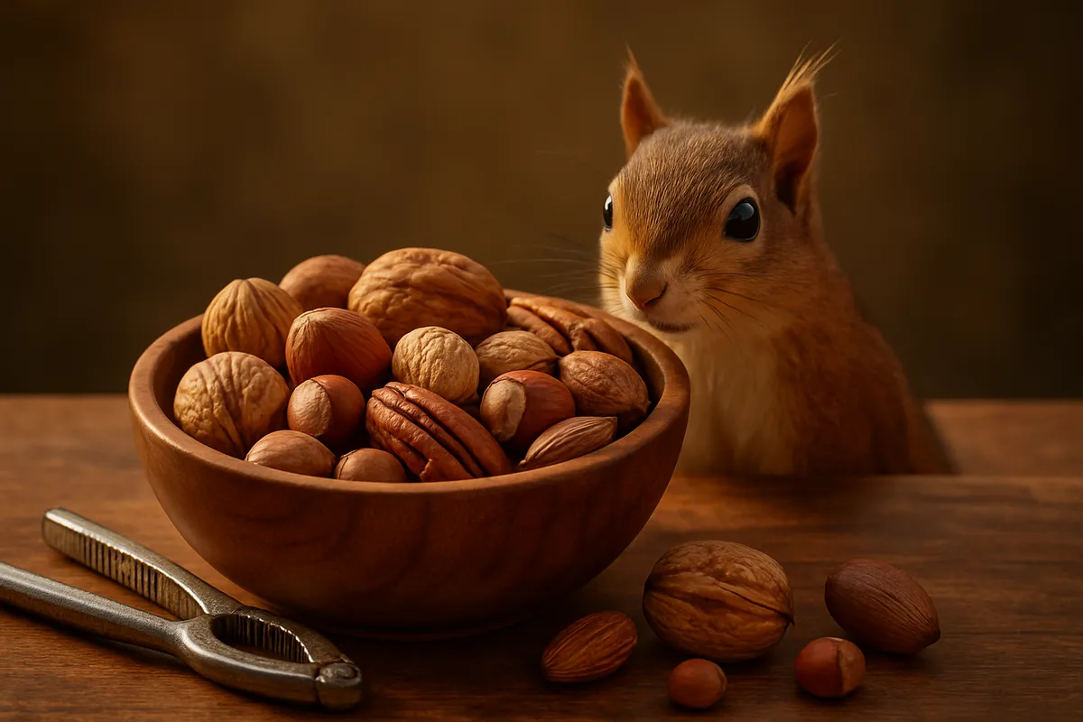 A bowl of mixed nuts with a nutcracker and a curious squirrel