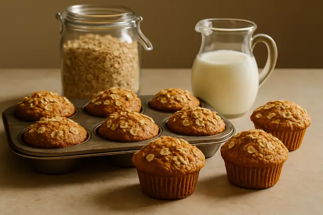 Oat-topped muffins cooling in a metal tin beside a jar of rolled oats and a jug of buttermilk