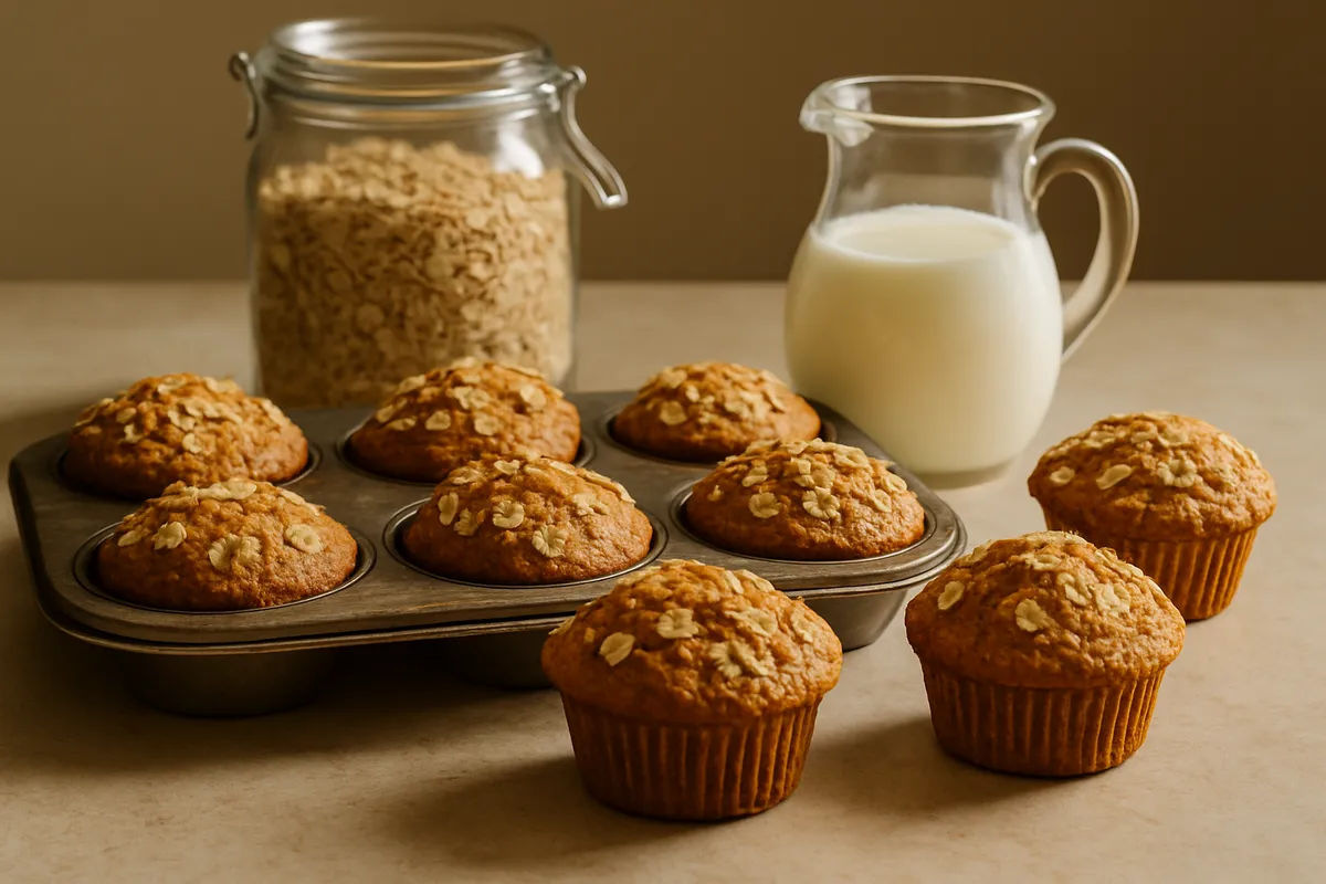 Oat-topped muffins cooling in a metal tin beside a jar of rolled oats and a jug of buttermilk