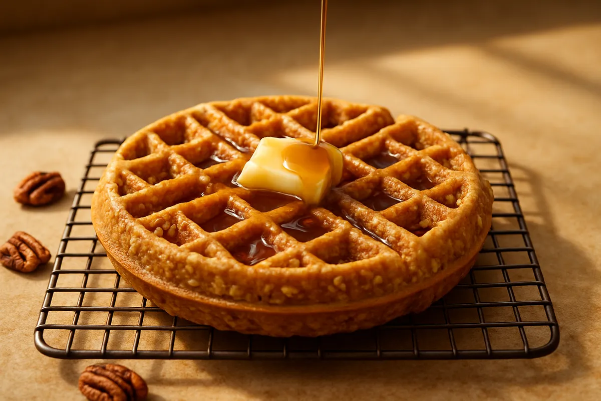 Golden waffle with oats and nuts on a wire rack with butter melting and syrup pouring