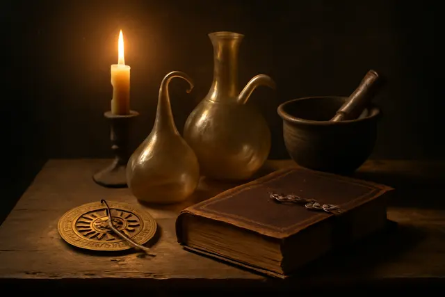 Glass alembics, a brass astrolabe and a clasped leather volume on a table by candlelight