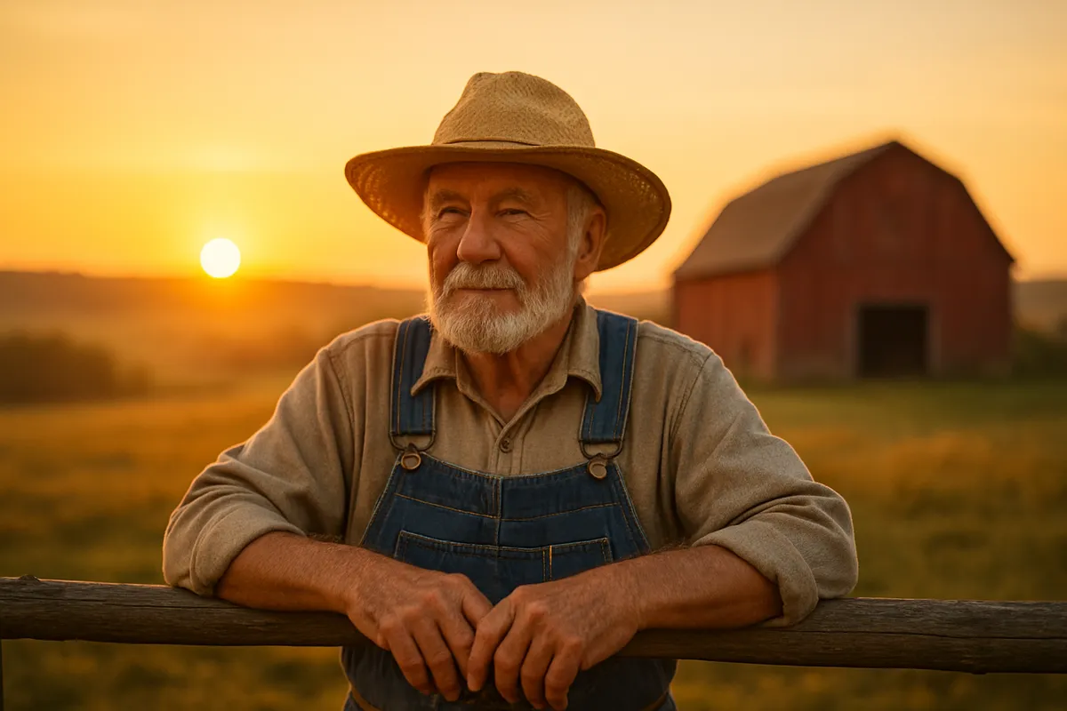 An older farmer in a straw hat leaning on a fence beside a red barn at sunrise
