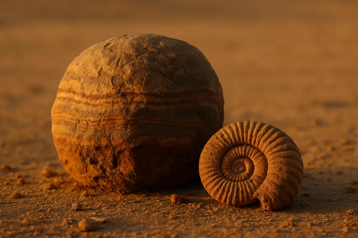 A weathered striped boulder beside a spiral fossil on a desert floor