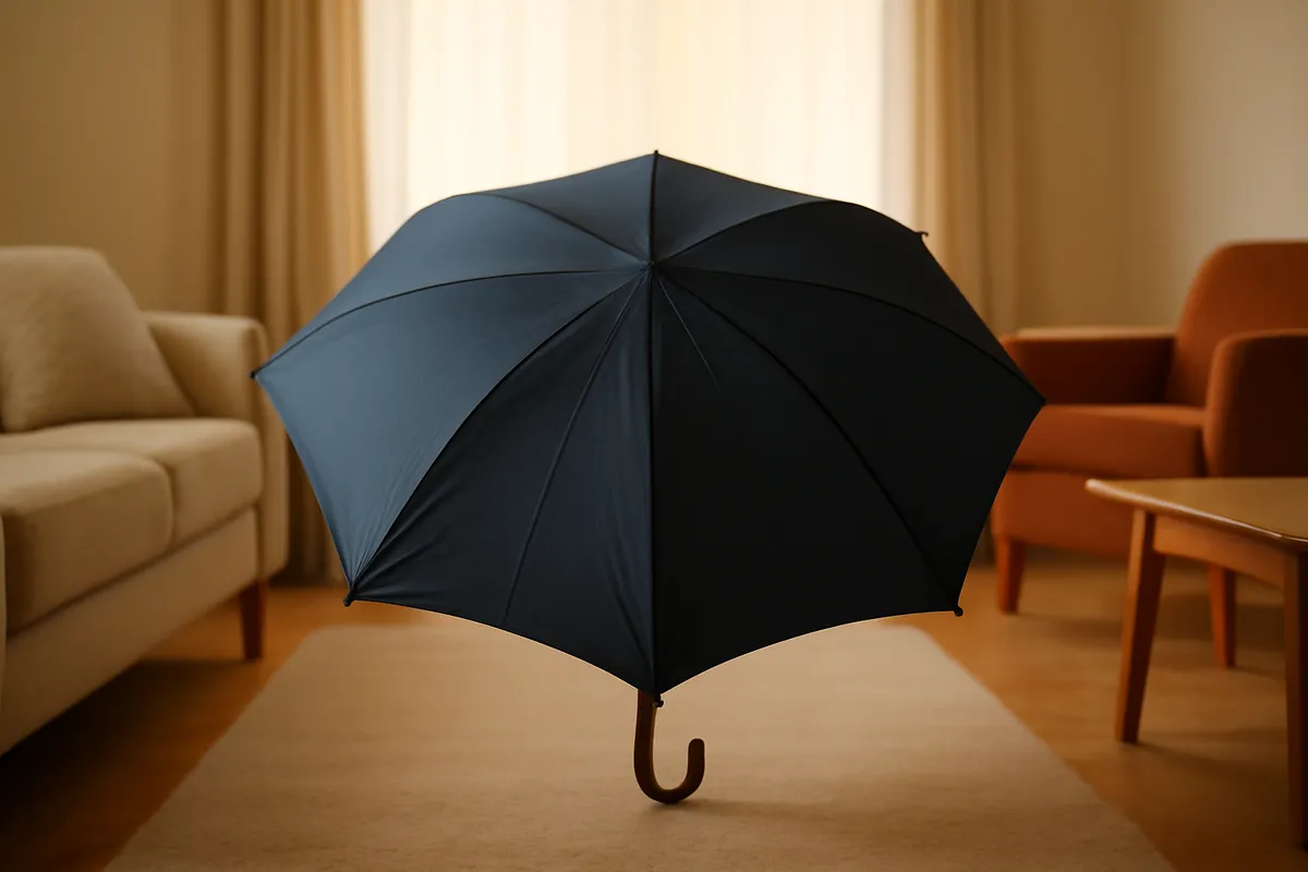 Open umbrella standing upright in the middle of a living room floor