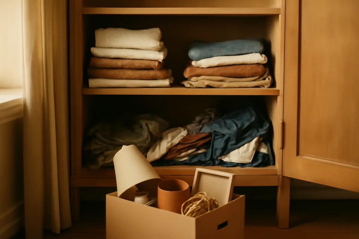 Half-sorted cupboard with one tidy shelf and a box of items on the floor in front
