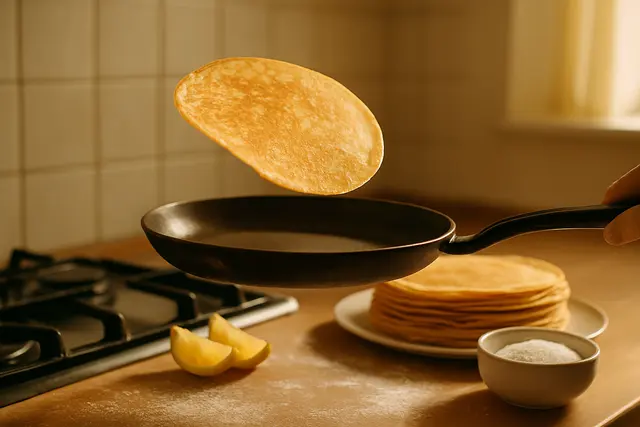 Thin golden pancake mid-flip above a pan with a stack, lemon wedges and sugar nearby