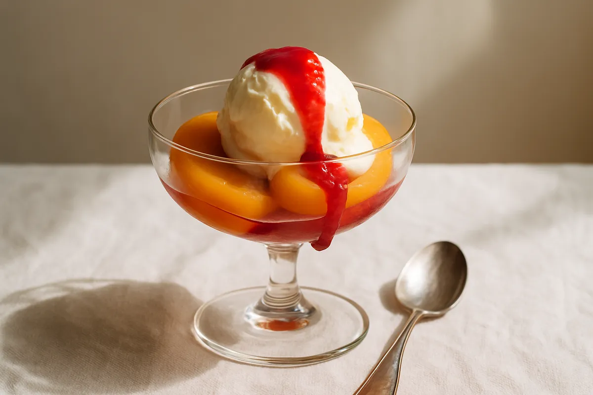 Glass coupe with poached peach, vanilla ice cream and red raspberry sauce running down