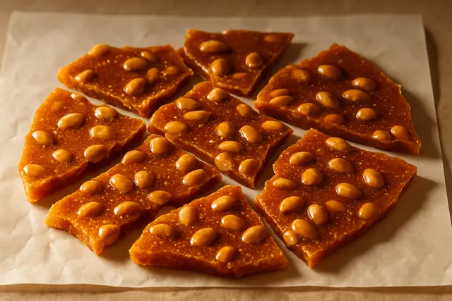 Amber peanut brittle broken into shards on parchment with visible bubbles and peanuts