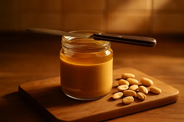 Open jar of natural peanut butter with oil on top and a knife across the rim