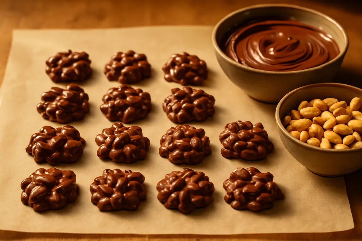 Irregular peanut clusters setting on parchment beside a bowl of melted chocolate and peanuts