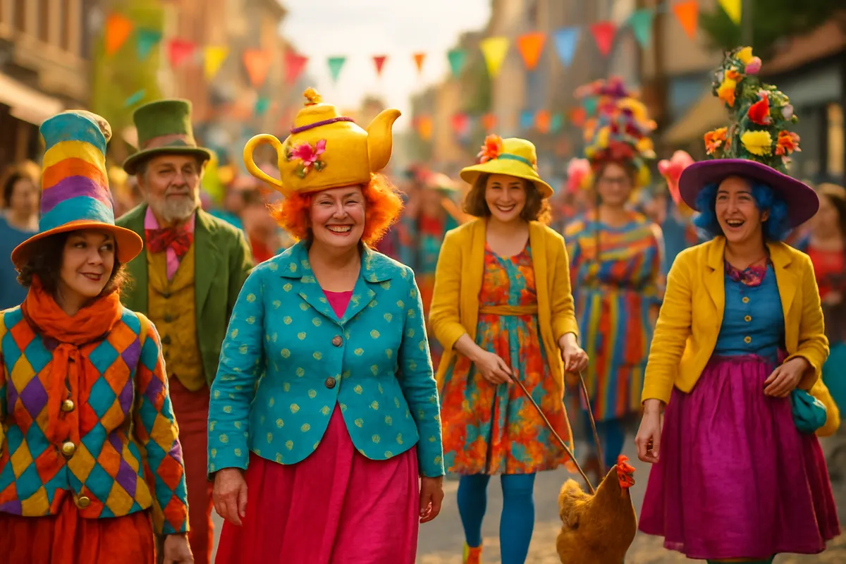 A crowd of whimsically dressed people at a street festival