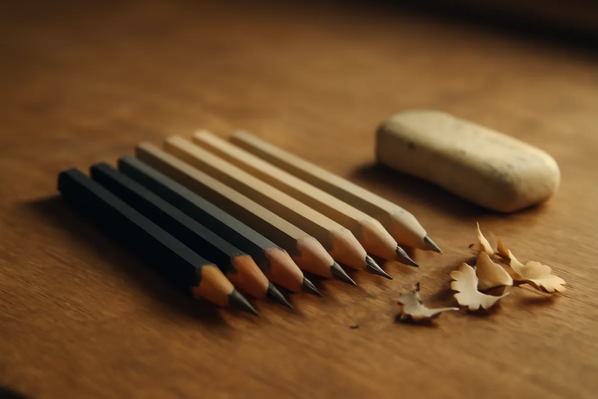 Row of sharpened hexagonal pencils on a wooden desk beside shavings and a worn eraser
