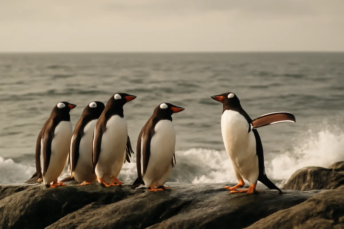 Group of penguins on a rocky shore with gray ocean behind, one stretching its flippers
