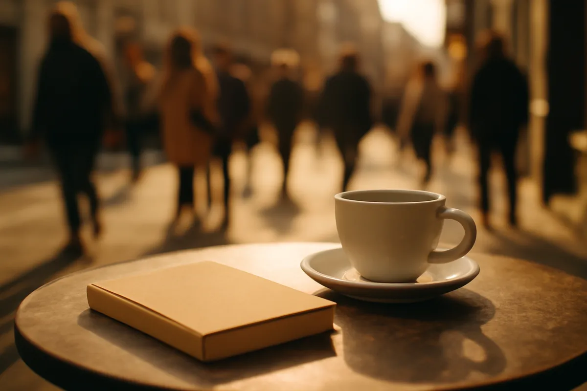 A cafe table with coffee and a notebook overlooking a busy street of passersby