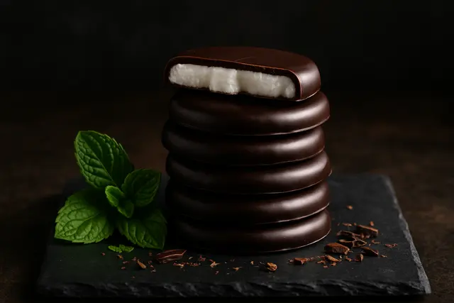 Stack of dark chocolate peppermint discs with the top one snapped to show a white center