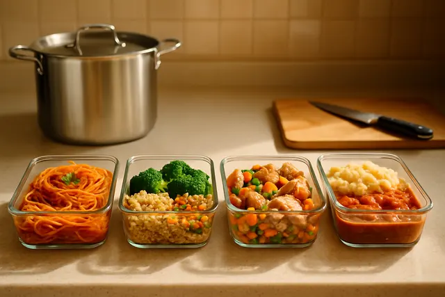 Kitchen counter lined with filled glass meal containers cooling beside a large pot