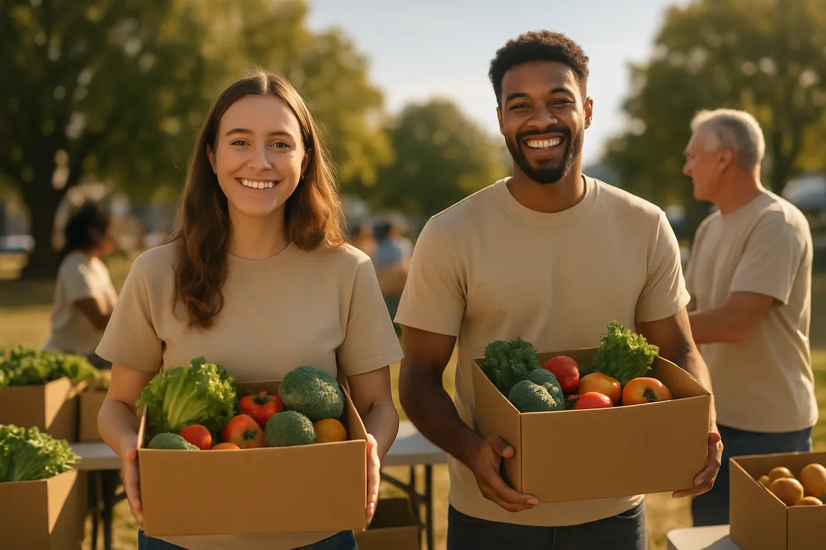 Volunteers handing out boxes of fresh produce at a community event
