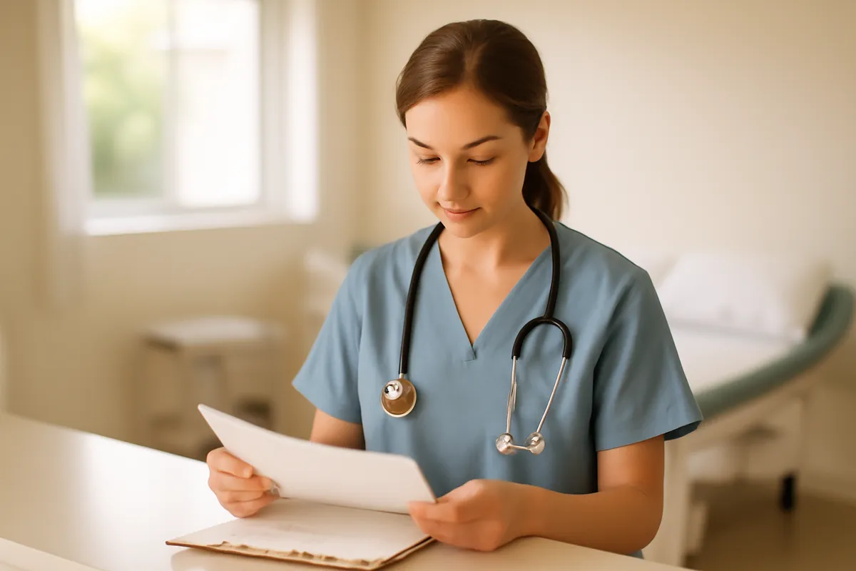 Clinician in scrubs with a stethoscope reviewing notes at a bright clinic counter