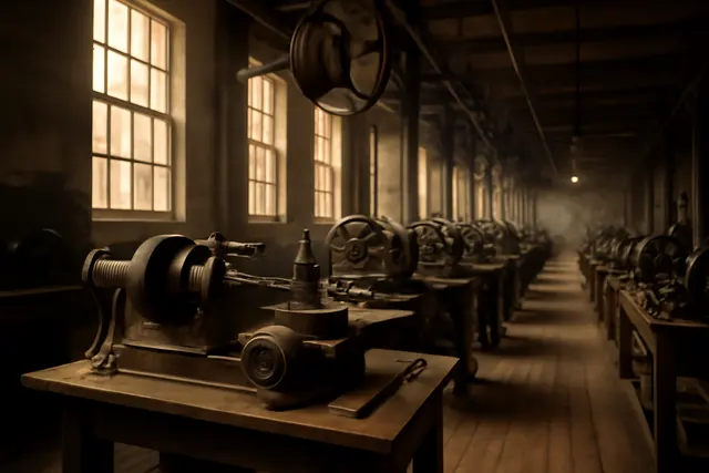 Nineteenth-century machine shop with rows of belt-driven lathes under high windows