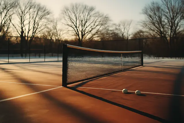 Empty outdoor tennis court in winter with a long net shadow and balls near the baseline