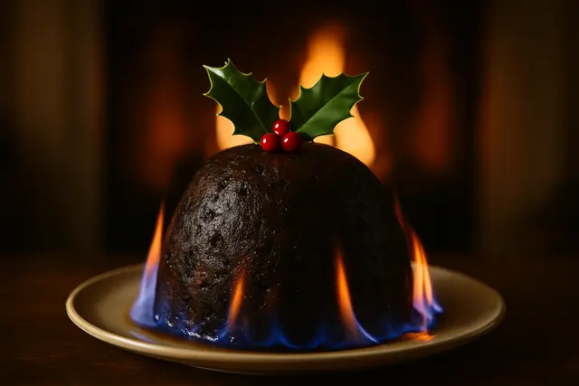 Dark steamed pudding on a plate with holly on top and flame licking around the base