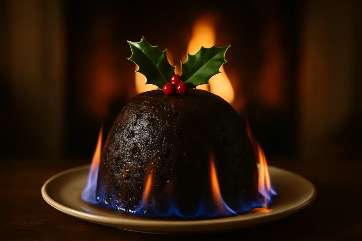 Dark steamed pudding on a plate with holly on top and flame licking around the base