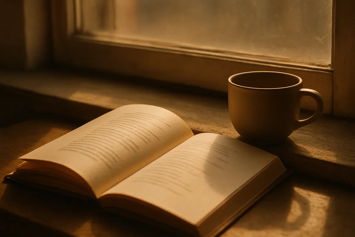 Open poetry book resting on a sunlit windowsill beside a cup, words not legible