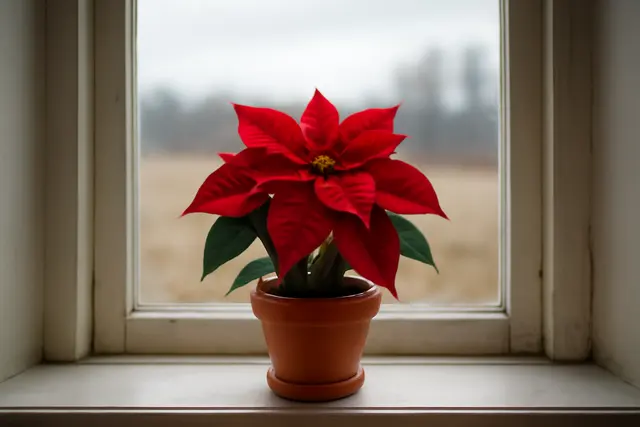 Red poinsettia in a clay pot on a windowsill with yellow flower clusters at the center