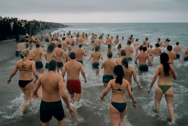 Crowd in swimwear wading into a gray winter sea watched by spectators in heavy coats